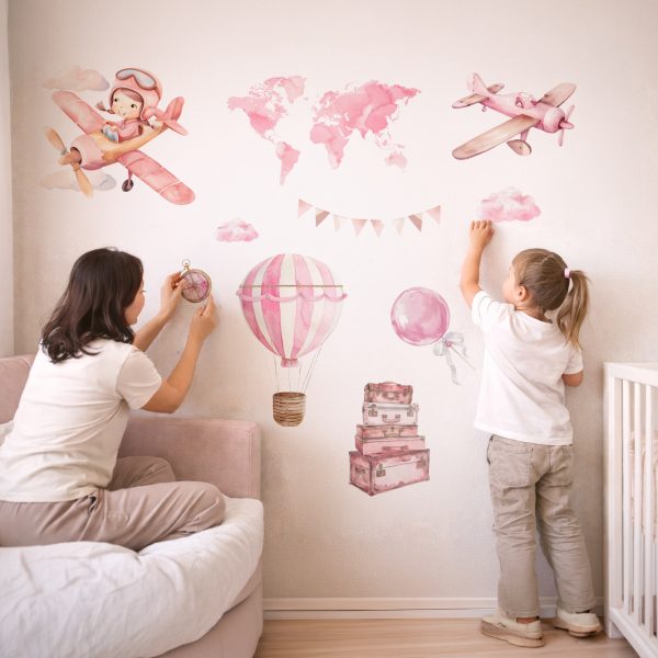 stickers murali cameretta aerei mongolfiere rosa
