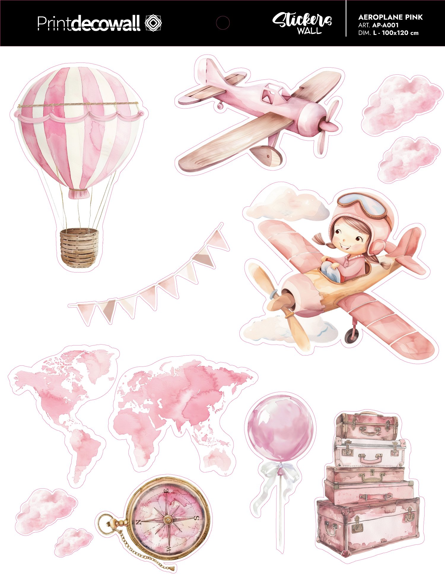 stickers murali cameretta aerei mongolfiere rosa