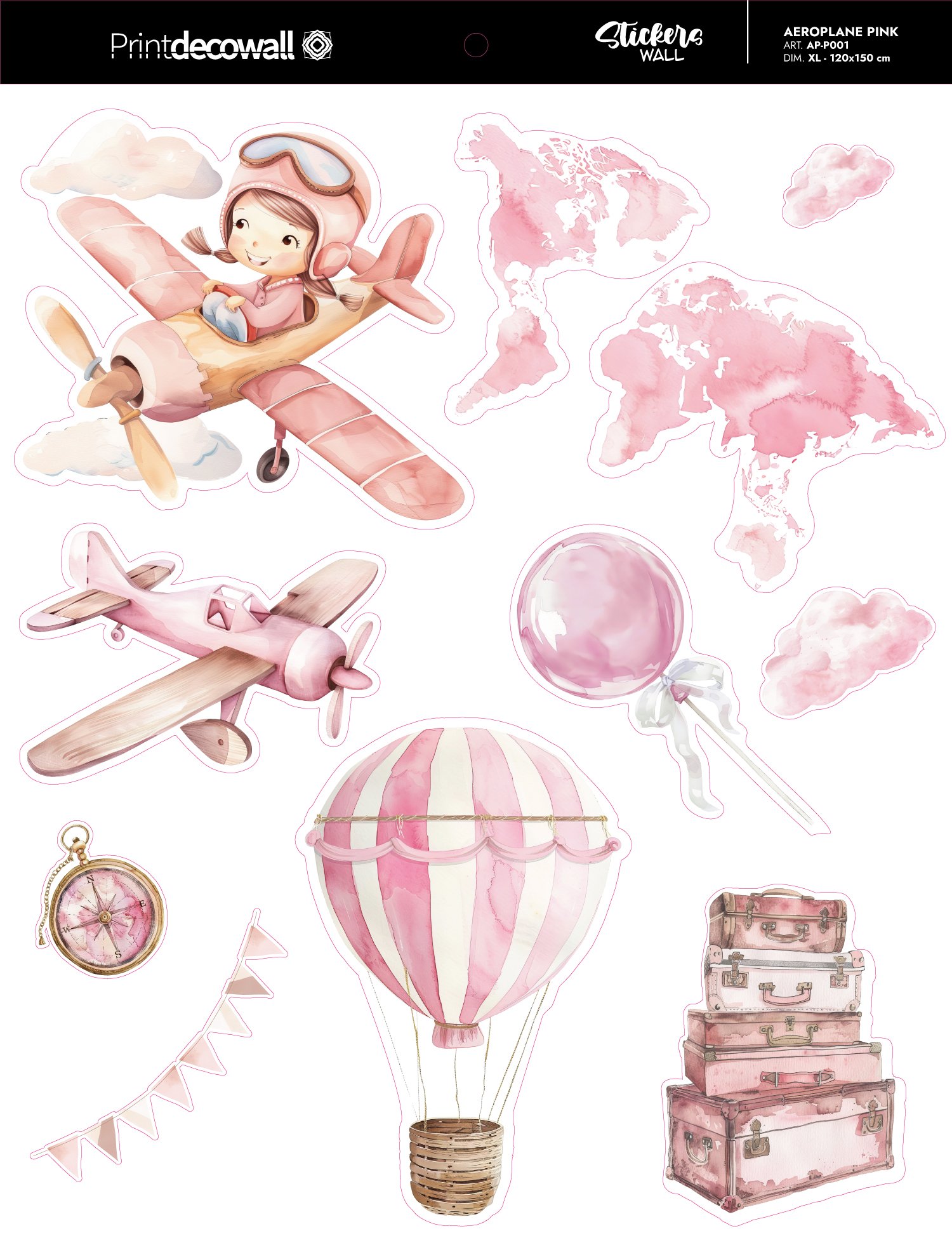 stickers murali cameretta aerei mongolfiere rosa