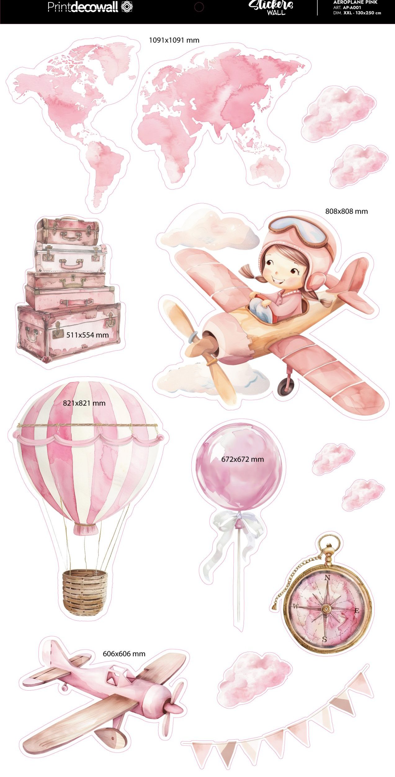 AEROPLANI-PINK_130x250-cm_TAGLIA-XXL_CON-DIMENSIONI stickers murali cameretta aerei mongolfiere rosa