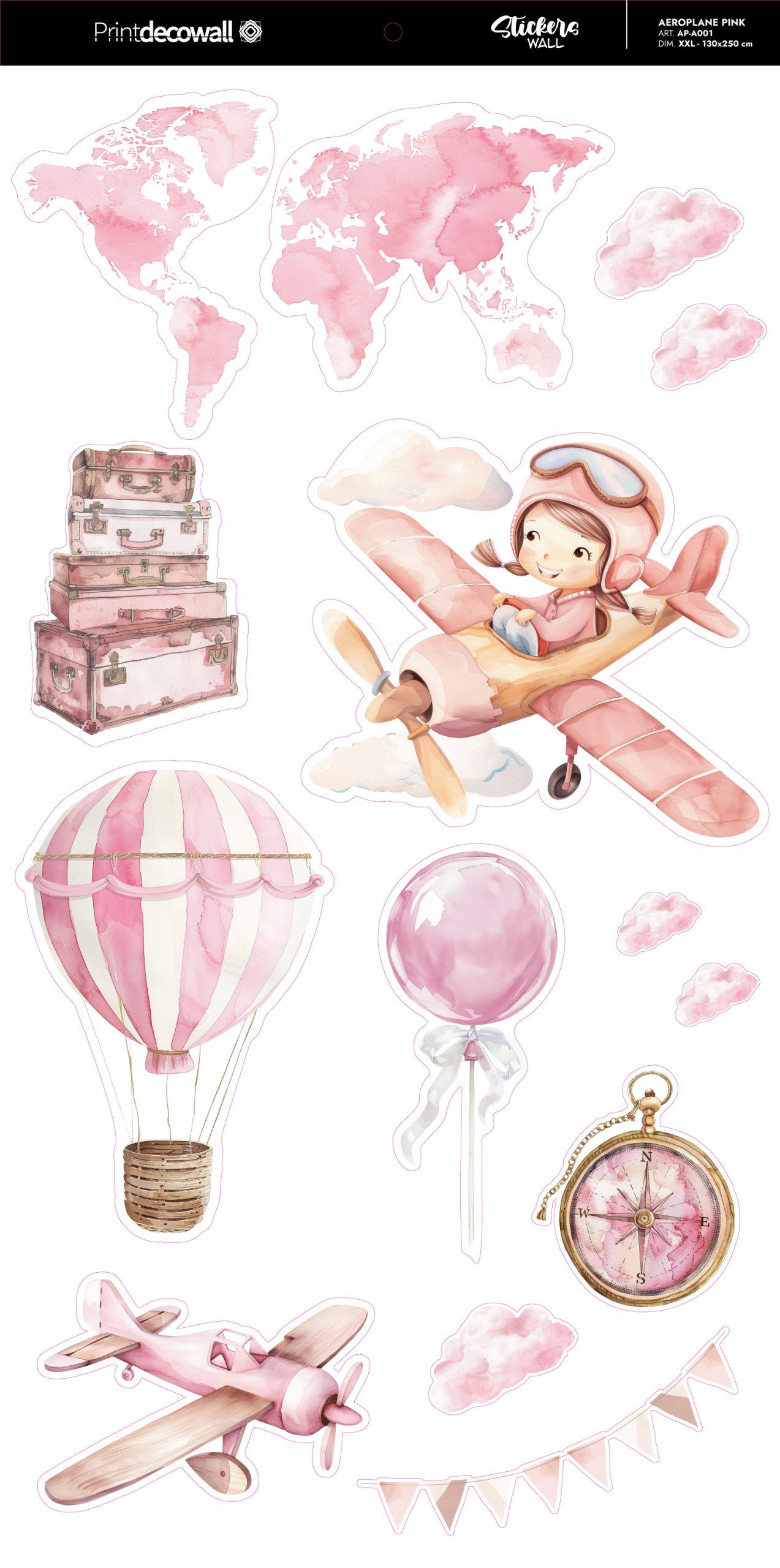 stickers murali cameretta aerei mongolfiere rosa