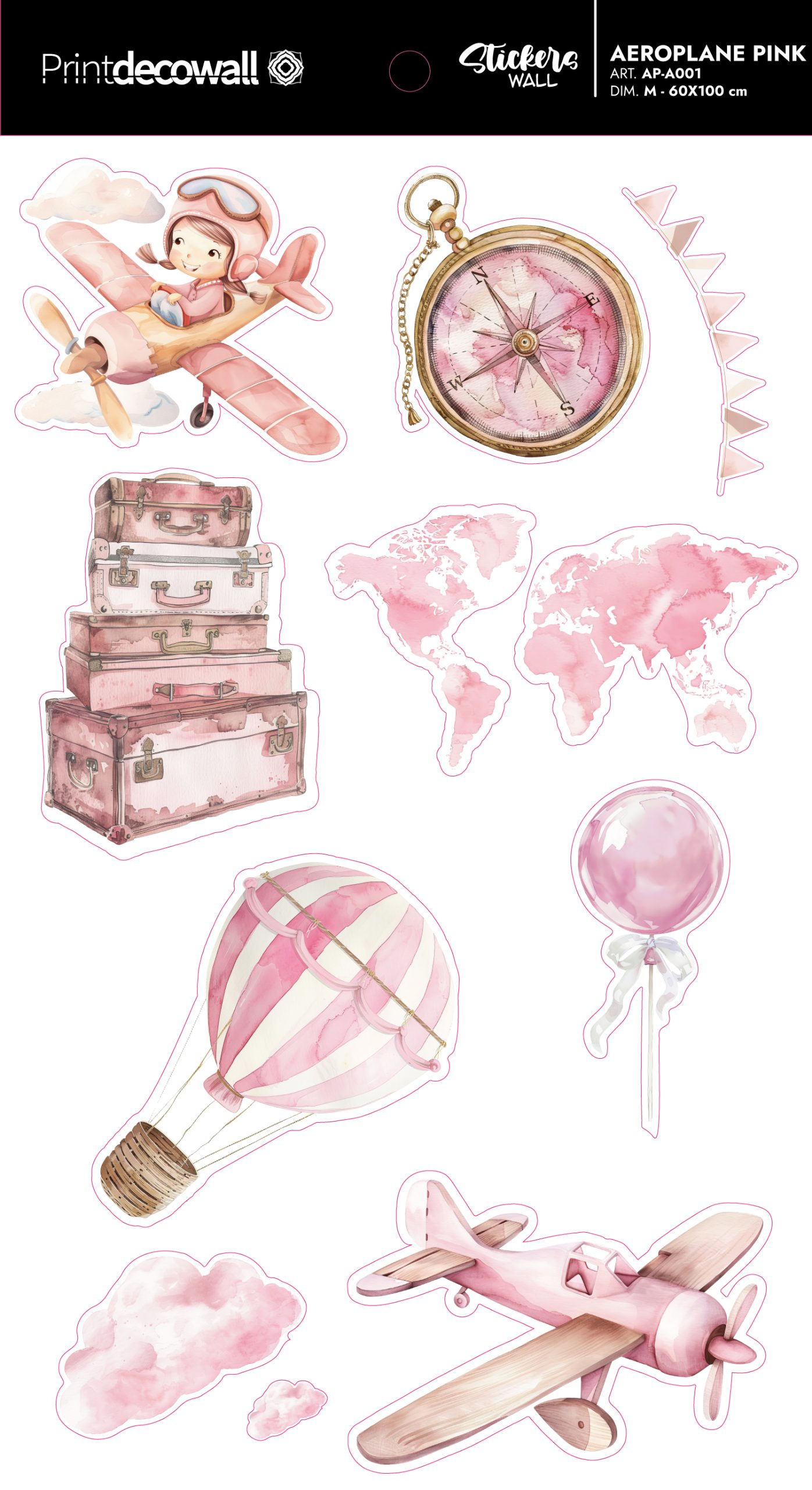 stickers murali cameretta aerei mongolfiere rosa